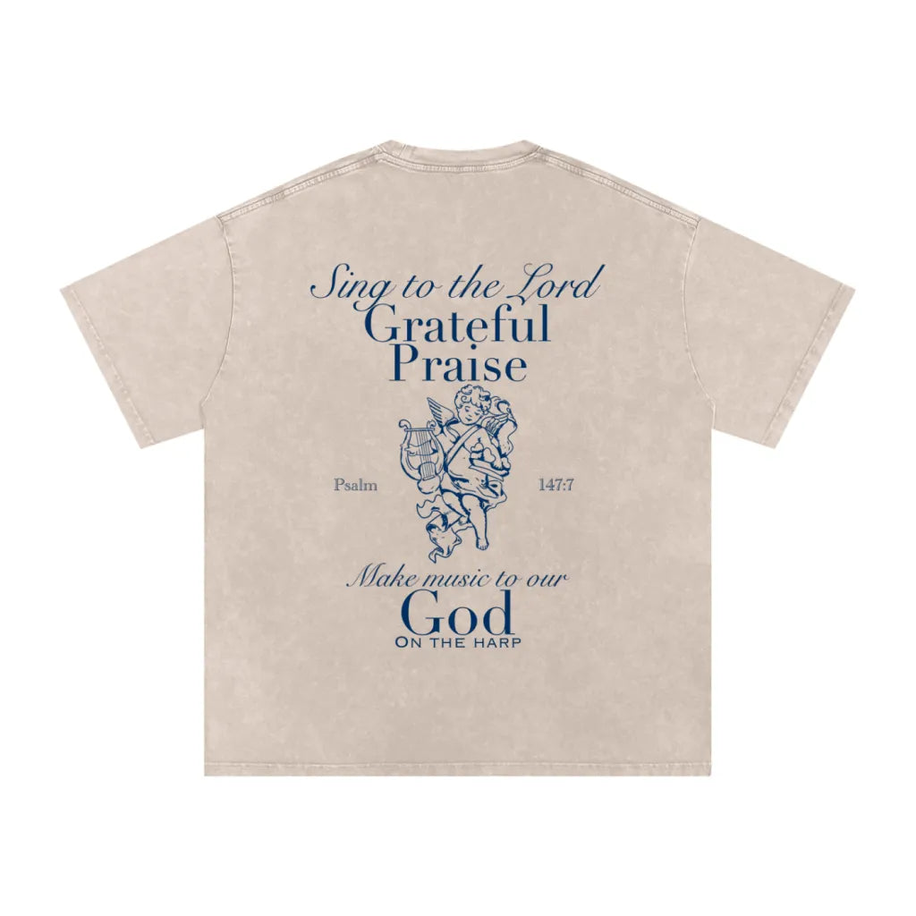 Light Grey/Blue Snow Washed Oversized Cotton T- Shirt